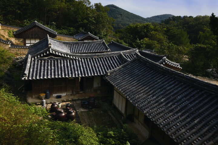 사랑채 뒤에서 내려다본 가옥 전경