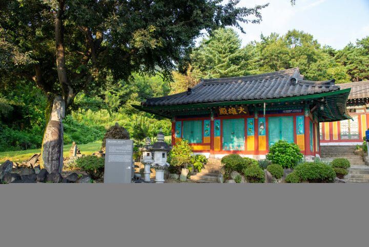 용화사 석조여래입상(사진)_여래입상과 대웅전 전경 (촬영년도_2024년)