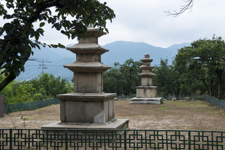 청도 장연사지 동·서 삼층석탑_과수원에서 본 동·서 삼층석탑 (촬영년도 : 2015년)